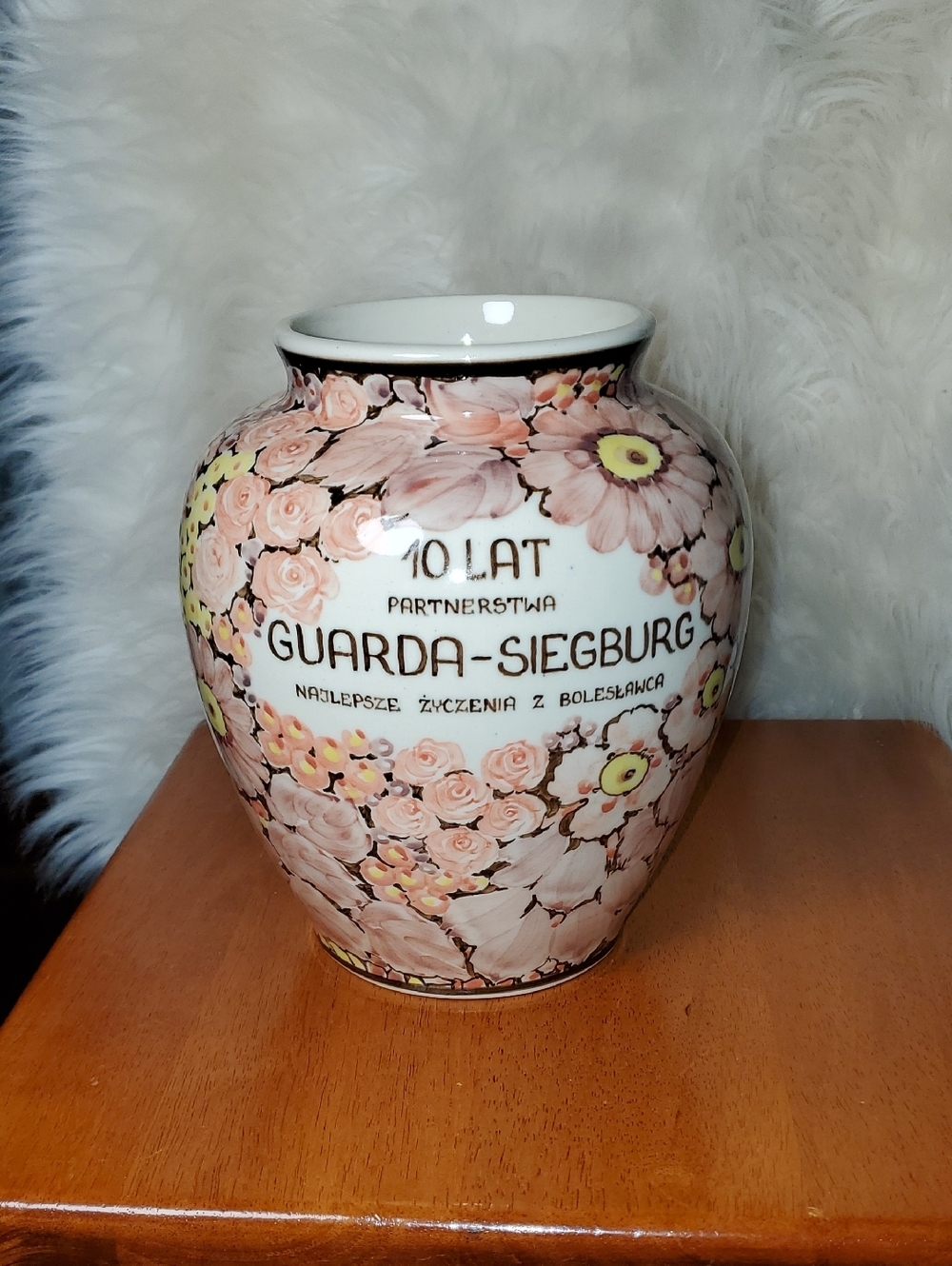 Vintage Boleslawiec Floral Vase Commemorative Of Partnership
